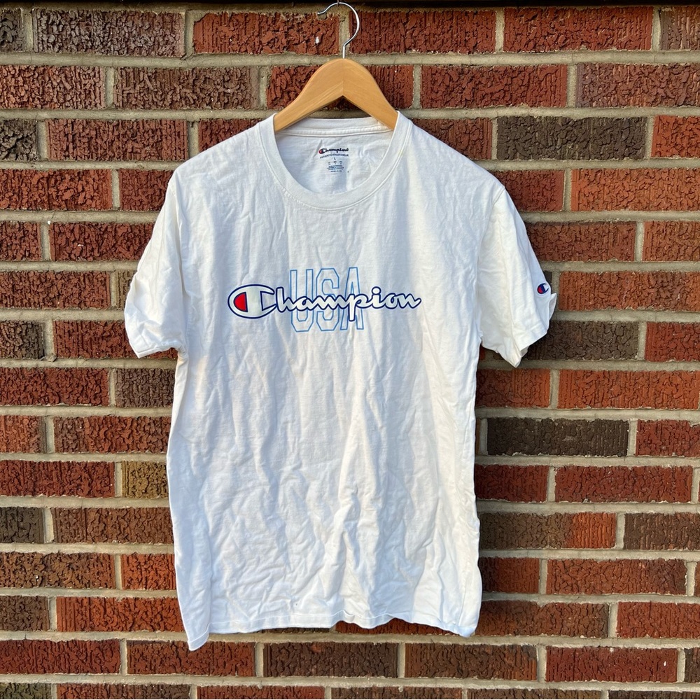 Champion White and Blue Graphic Men’s Short Sleeve Tee Shirt